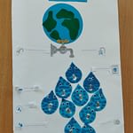 Plakat przedstawiający kulę ziemską, kran, krople wody oraz pomysły na sposoby oszczędzania wody.