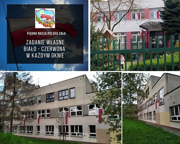 Kolaż zdjęć przedstawiający budynek przedszkola z wywieszonymi flagami Polski.