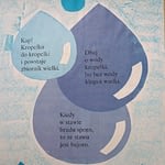 Plakat przedstawiający krople wody oraz rymowanki dotyczące oszczędzania wody.